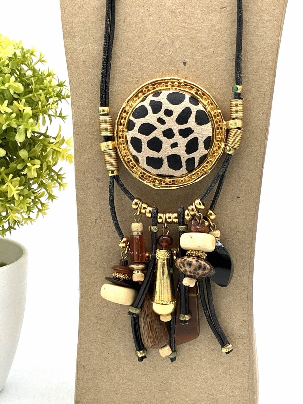 Long Animal Print Tassel Statement Necklace Mixed Media Boho 32”